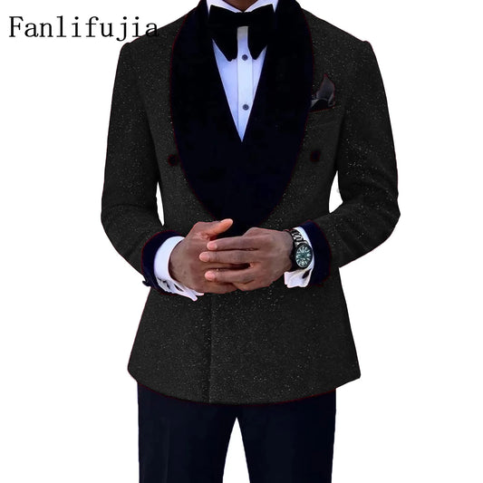 Fanlifujia Luxury Red Glitter Suits Men Groom Wedding Tuxedo Double Breasted Blazer Formal Evening Party Prom Dress 2 Pieces Set
