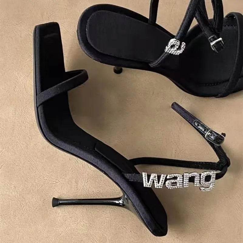 Black high-heeled sandals one-line buckle summer new diamond-lettered square high heels for women slim with sexy everything