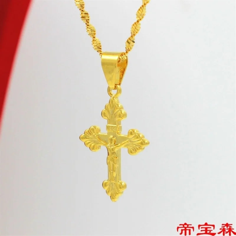 Cross Necklace men's and women's Plated 100% Real Gold 24k 999 clavicle chain 999 pendant ornament Pure 18K Gold Jewelry