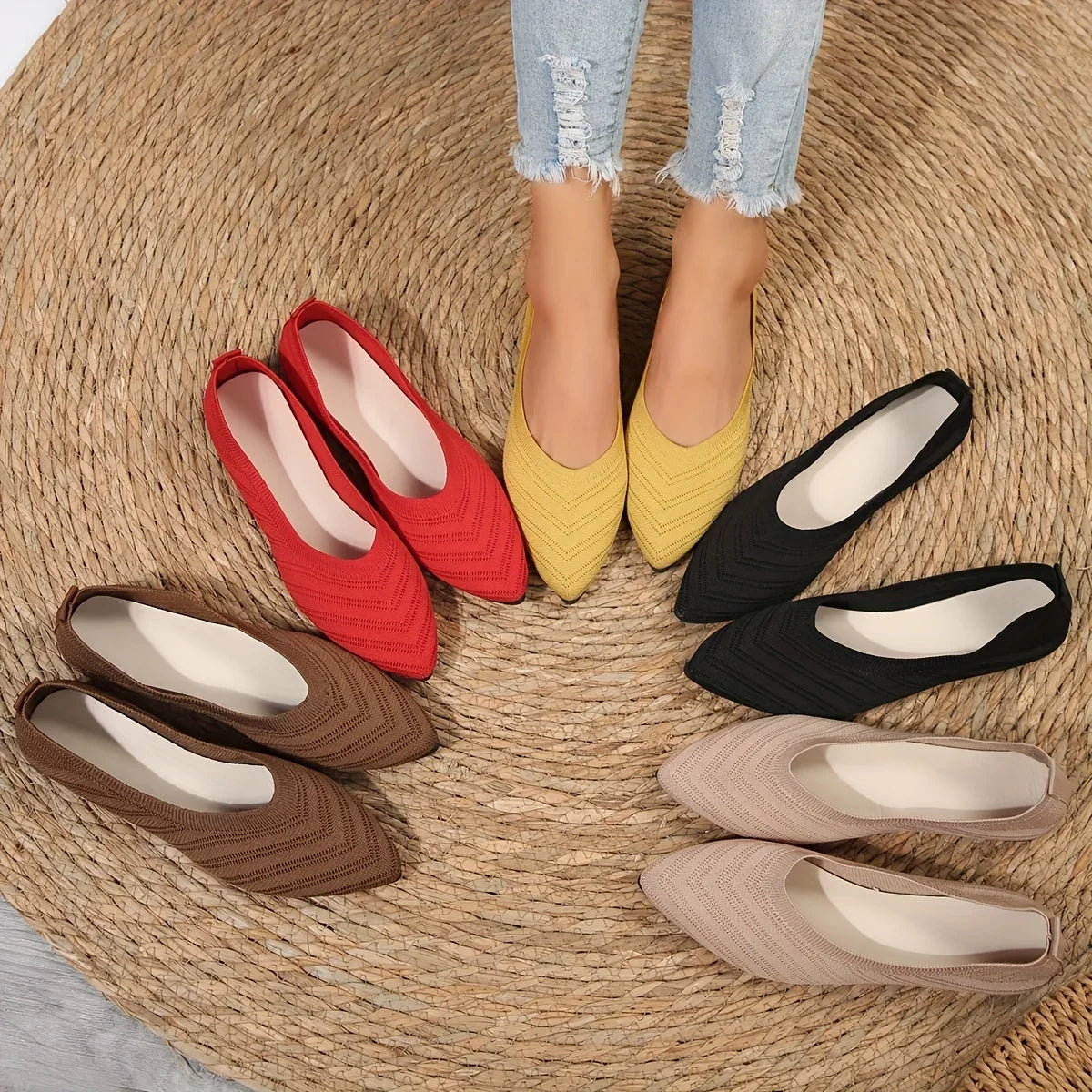 Women's Pointed Toe Flat Shoes Solid Color Knitted Slip on Shoes Casual Breathable Ballet Flats Women Flat Shoes Loafers Women