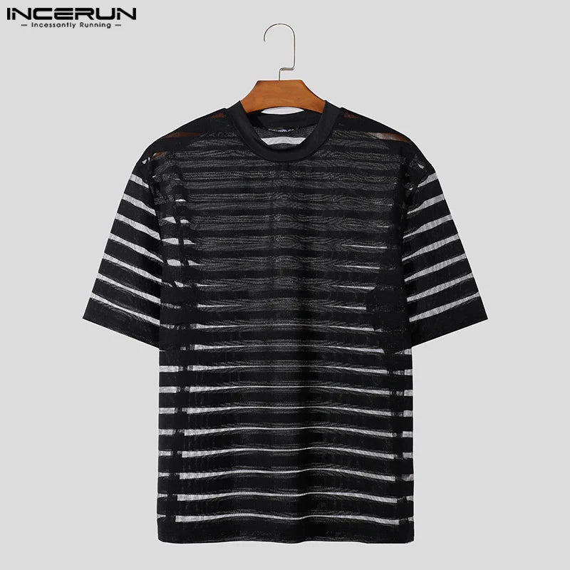 2023 Men T Shirt Mesh Striped O-neck Short Sleeve Transparent Men Clothing Streetwear Sexy Korean Fashion Tee Tops S-5XL INCERUN