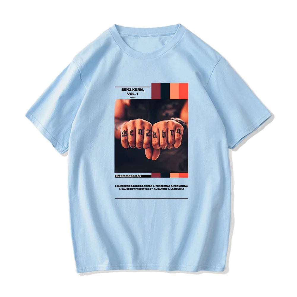 Eladio Carrion Sauce Boyz 2020 Album Tshirts MEN Finger Clenched Fist T Shirts 100% Cotton High Quality T-shirts Short Sleeve