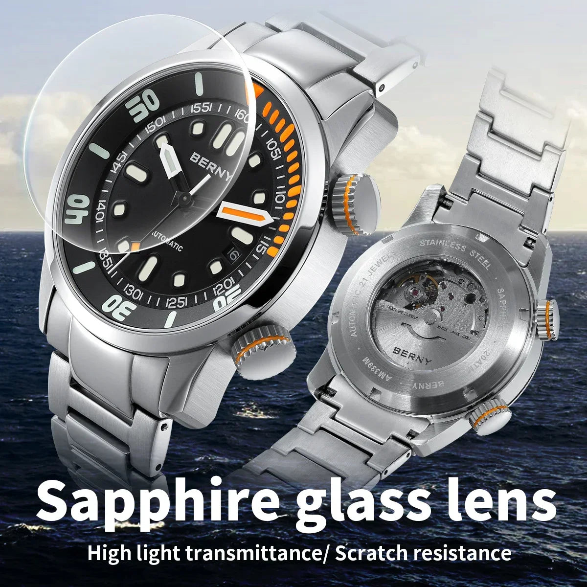 BERNY 20Bar Diver Automatic Watch For Men Miyota 8215 Super Luminous Sapphire Swim Sport Mechanical Self Winding Men Wristwatch