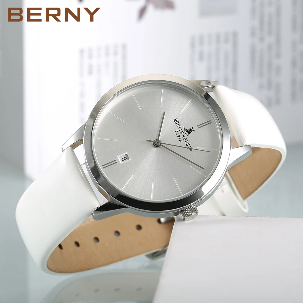 Berny Women's Watch Japan Quartz Movement Ladies Calendar Window Leather Strap Wristwatch Clock for Woman Casual Waterproof