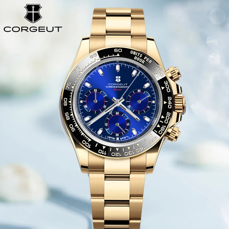 CORGEUT 2023 New VK63 Sports Steel Quartz Movement Watch for Man High Luxury Sapphire Flat Mirror Time Running Mens Watch Second