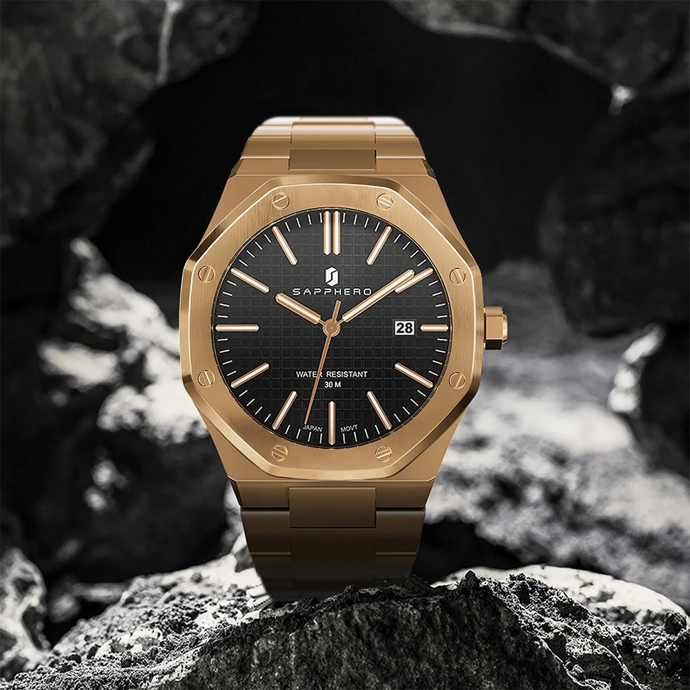 SAPPHERO Rose Gold For Men Octagonal Design Watch 30M Waterproof Luxury Quartz Watch Mens Business Fashion Watch