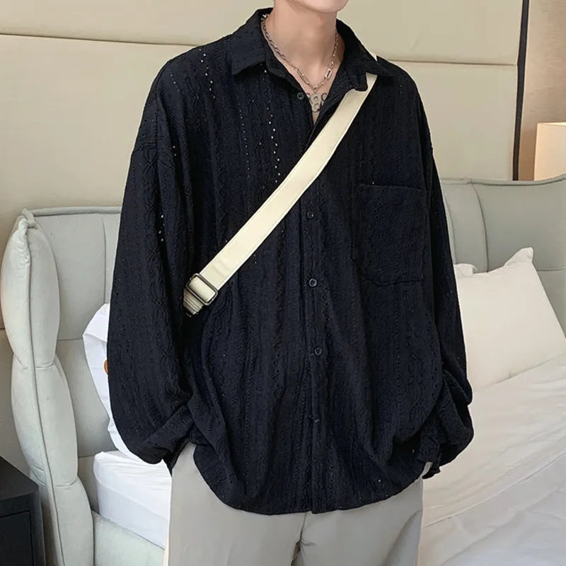 NOYMEI Niche Design Lapel Hollow Out Shirt Korean Style 2024 Summer New Men's Long Sleeve Pockets Male TOP Cardigan WA3947