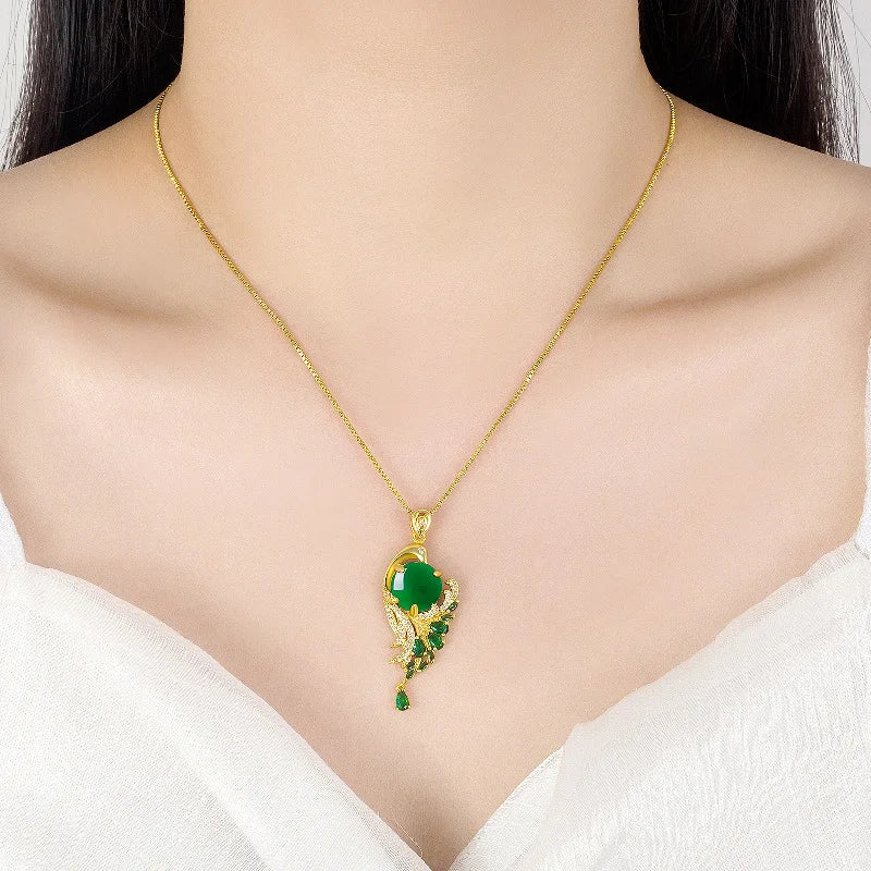 100% Natural real green jade Chalcedony Phoenix Pendant necklace emerald ladies chain jade gift fine jewerly Lady Party Gift