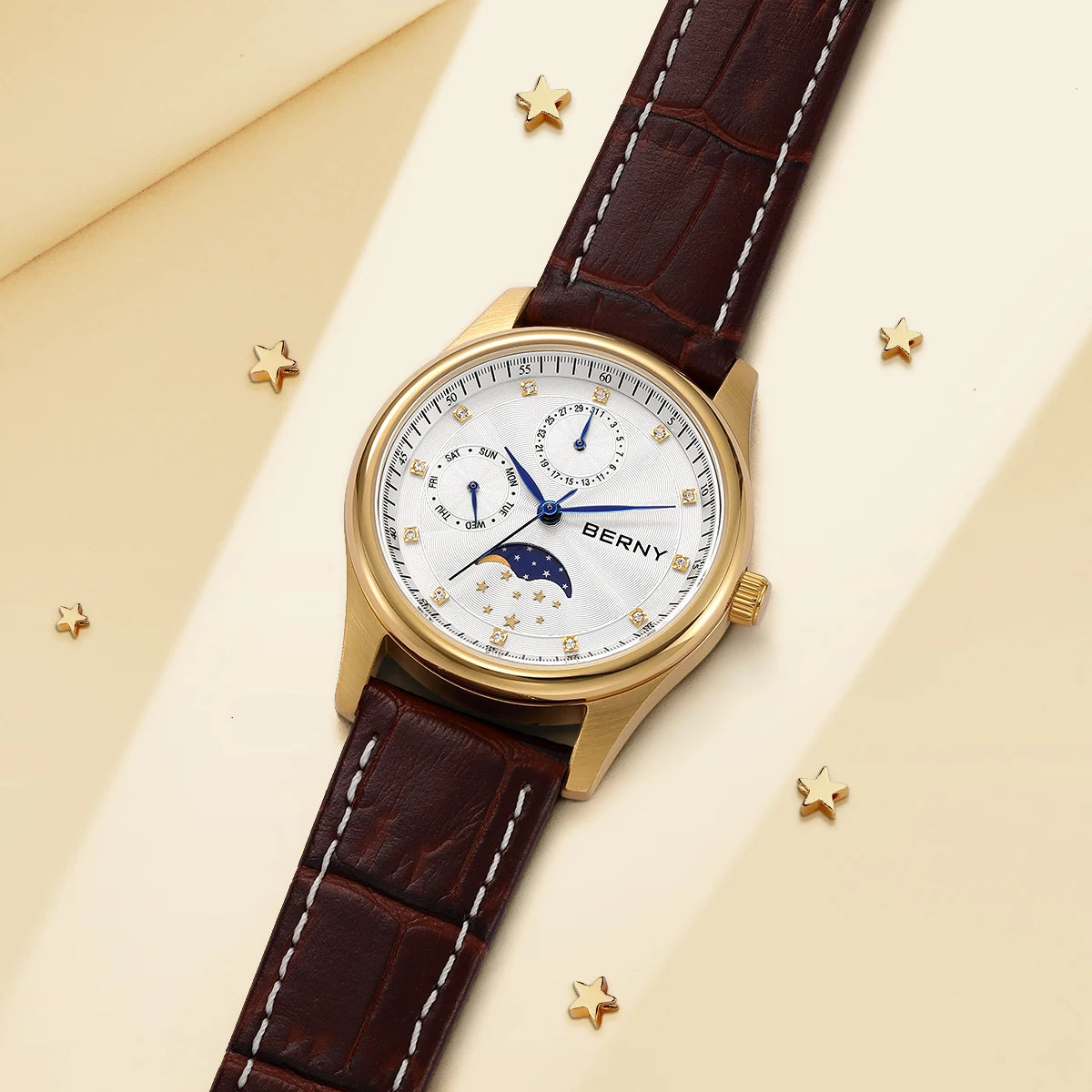 BERNY Moon Phase Watch for Women Calendar Date Week Quartz Women's Watches Leather Strap Elegant Casual Ladies Girl Wristwatch