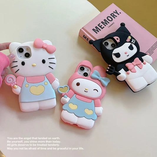 Sanrio Hello Kitty 3D Stereoscopic Phone Case For IPhone 15 14 13 12 11 Pro Max XR XS Kuromi Melody Silicone Soft Back Cover Y2K