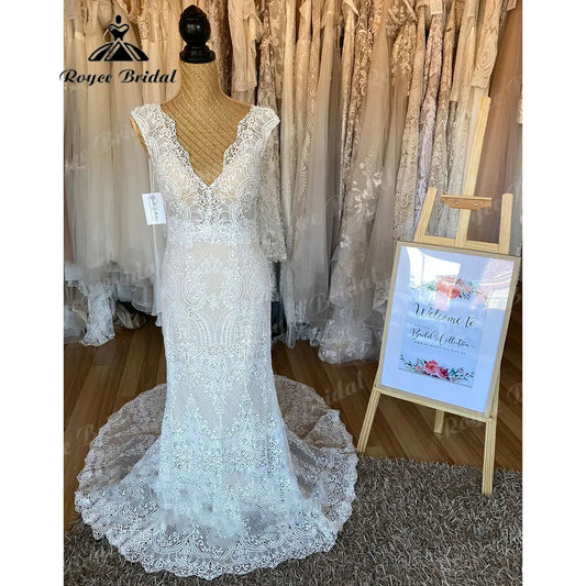 Vintage Boho Lace Behemian Mermaid Wedding Dress Robe Civil Country Bridal Gowns Sexy Backless robe mariage femme Roycebridal