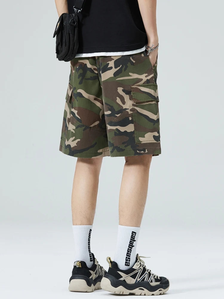 Summer Camouflage Cargo Shorts Men Multi-Pockets Elastic Waist Straight Casual Short Pants Male Loose Polyester Casual Shorts