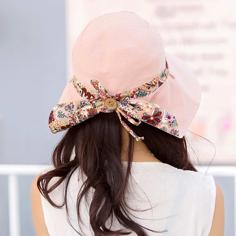 Double-sided Wide Brim Sun Hats Simple Foldable Portable Sunscreen Hats Fashion Print Bow Outdoor Anti-uv Cycling Non-slip Caps