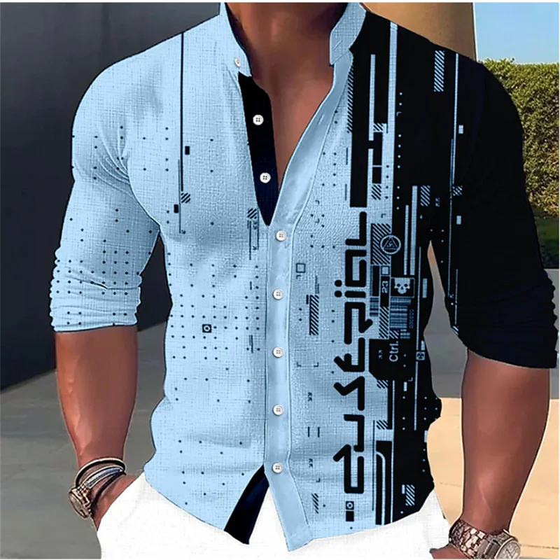 2023 Men's Shirt Pattern Printing Geometric Stand Collar White Outdoor Street Long Sleeve Clothing Fashion Streetwear Designer