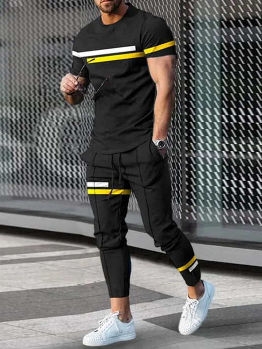 2 Piece Set Outfits Men's Trousers Tracksuit Lattice 3D Printed Jogger Sportswear Short Sleeve T Shirt+Long Pants Street Clothes