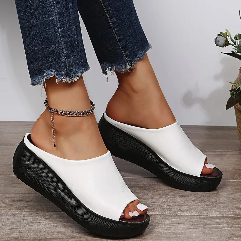 Slippers Women Summer 2022 New Ethnic Style Wedge with Fish Mouth One Word Drag Cake Thick Bottom Women's Shoes Large Size