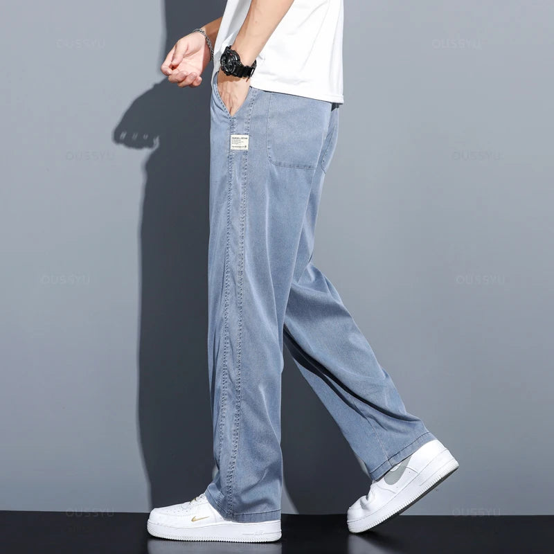 Summer Thin Soft Lyocell Fabric Jeans Men Loose Straight Wide Leg Pants Drawstring Elastic Waist Casual Trousers Plus Size M-5XL
