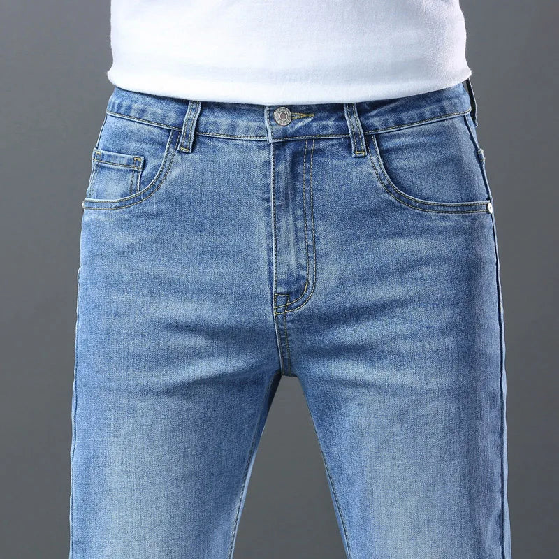 2024 Summer Men's High Quality Thin Blue Slim Jeans Classic Style Business Straight Stretch Denim Pants Male Brand Trousers