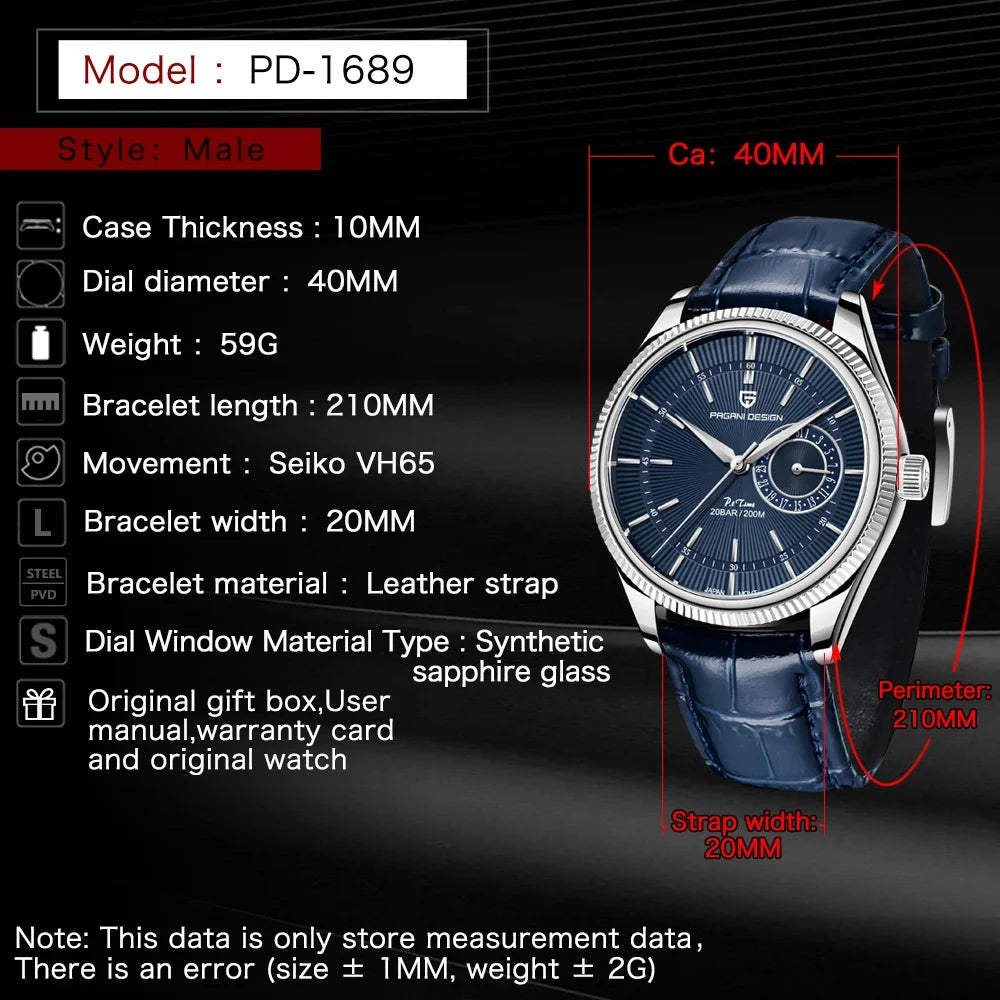 PAGANI Design PD-1689 VH65 Men Quartz Watch Sapphire Stainless Steel Clock Diving Watch 20Bar Waterproof Men Reloj Hombre 2024