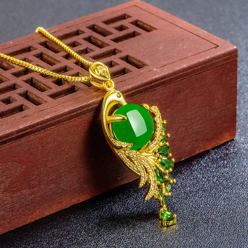 100% Natural real green jade Chalcedony Phoenix Pendant necklace emerald ladies chain jade gift fine jewerly Lady Party Gift