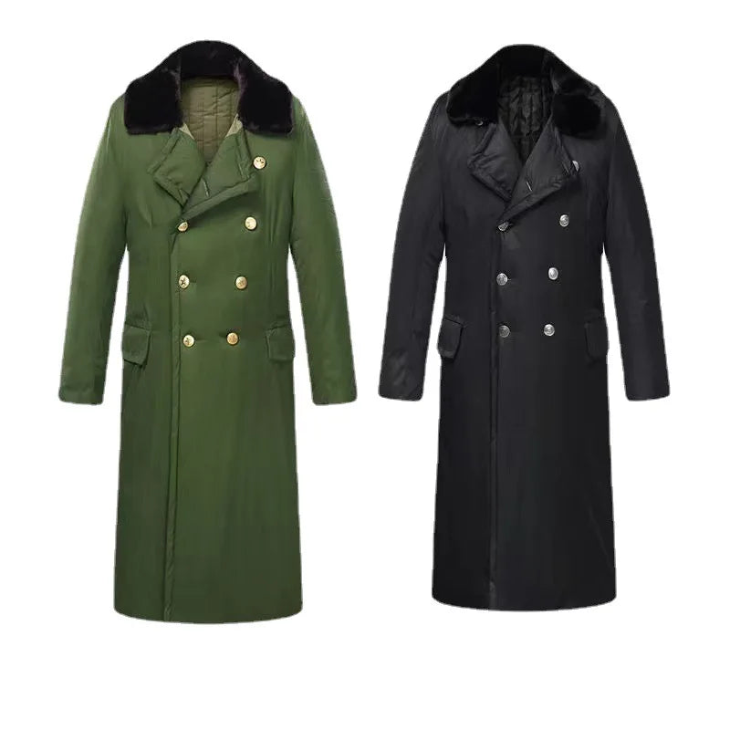 Winter Warm Thicken Windbreak Velvet Padded Outdoor Wind Resistance Wear Army Green Men Long Cotton Overcoat Security Guard