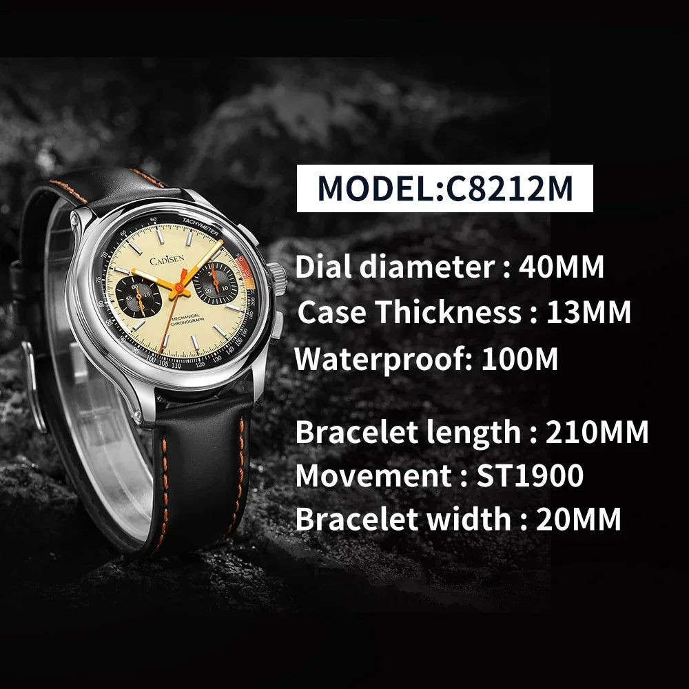 CADISEN V2 Watch Mens Military Chronograph ST19 Swanneck Movement Mechanical Watch Domed AR Sapphire Crystal PP C8212M
