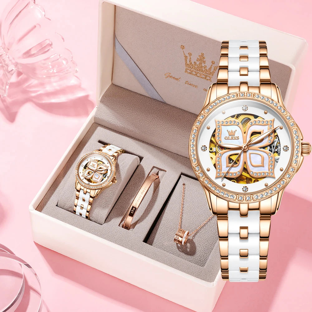 Top Brand Original Watch for Women Luxury Automatic Mechanical Waterproof Ceramic Diamond Wristwatch Ladies Bracelet Gift Set