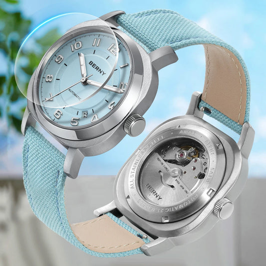 BERNY Mechanical Watch for Women Self-wind Pillow Cushion Sapphire Super Luminous Wristwatch Canvas Calendar Watch for Ladies