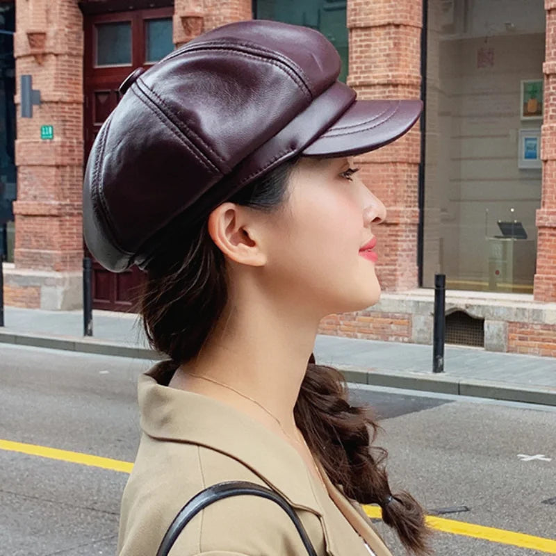 Spring/Winter 100% Real Leather Beret Hat Women Fashion European Pumpkin Painter Caps Female Rainbow Color White/Red Thin Boina