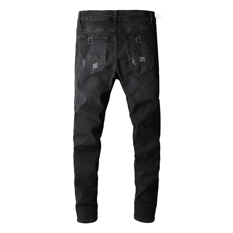 Men's Vintage Ripped Patch Black Jeans Fashion Skinny Pants Designer Hip Hop Style Stretch Trousers A669