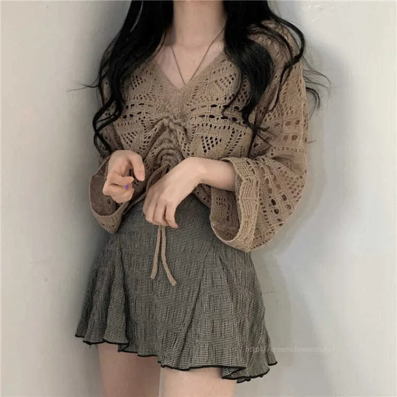 2024 Autumn Spring New French Knit cardigan Outerwear Women Vintage hollow pleats Clothing Niche Shawl Summer Skirt Top Clothes