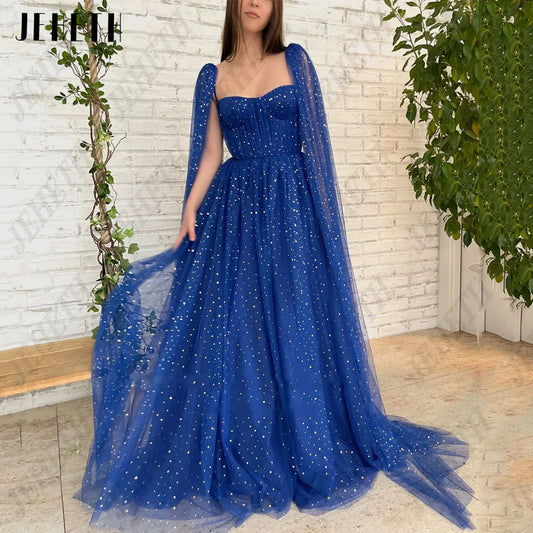 JEHETH Spaghetti Straps Prom Dress With Jacket A-Line Sweetheart Tulle Vestidos De Gala Sweep Train Formal Occasion Dresses