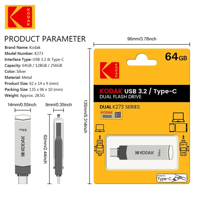New Kodak 2 in 1 USB Flash Drives Type C 32GB 64GB 128GB 256GB USB 3.2 Pendrive High Speed Dual Memory stick Pen Drive For Phone