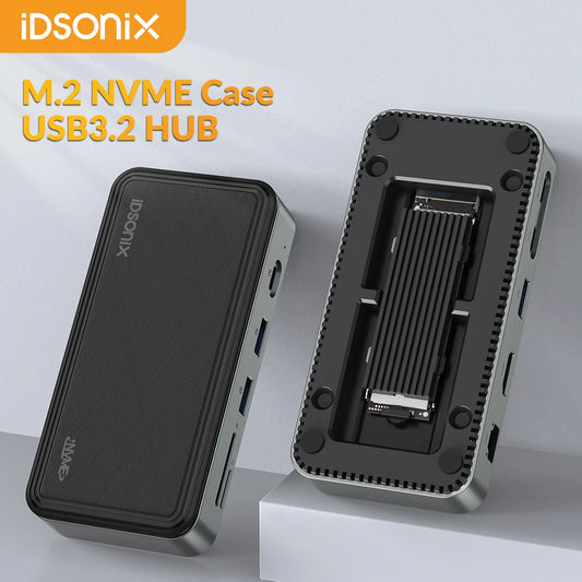 IDSONIX USB C HUB with M.2 NVMe SSD Enclosure USB C Docking Station 10Gbps Speed with HDMI 4K 1000M Ethernet PD 100W for Laptop