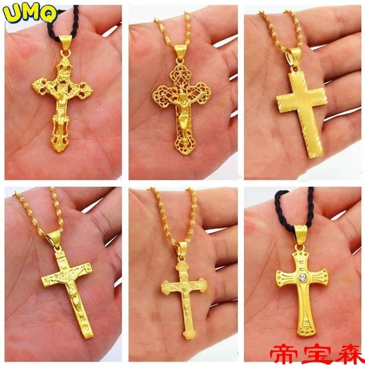 Cross Necklace men's and women's Plated 100% Real Gold 24k 999 clavicle chain 999 pendant ornament Pure 18K Gold Jewelry