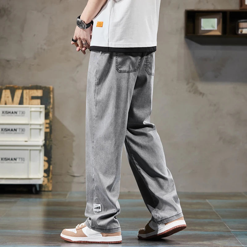 Summer Lyocell Fabric Men's Jeans Soft Thin Loose wide-leg Straight Pants  Elastic Waist Casual Trousers Sweat Pants Size M-6xl