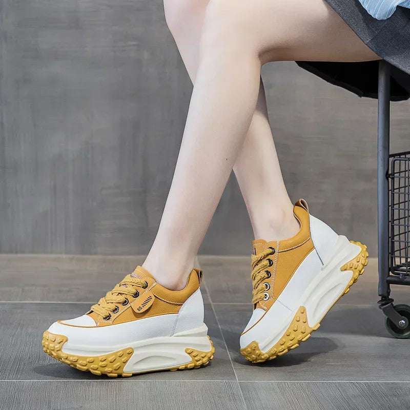 Fujin 7cm Genuine Leather Platform Wedge Fashion Women Spring Summer Autumn Chunky Sneakers Shoes Breathable Comfortable
