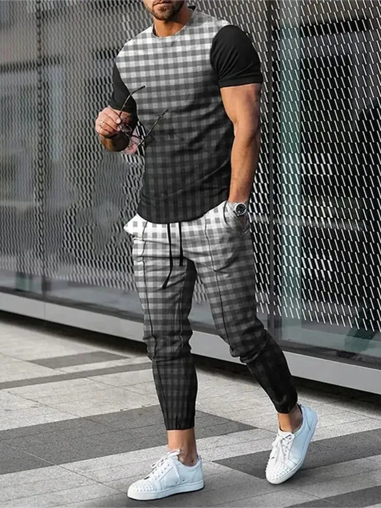 2 Piece Set Outfits Men's Trousers Tracksuit Lattice 3D Printed Jogger Sportswear Short Sleeve T Shirt+Long Pants Street Clothes