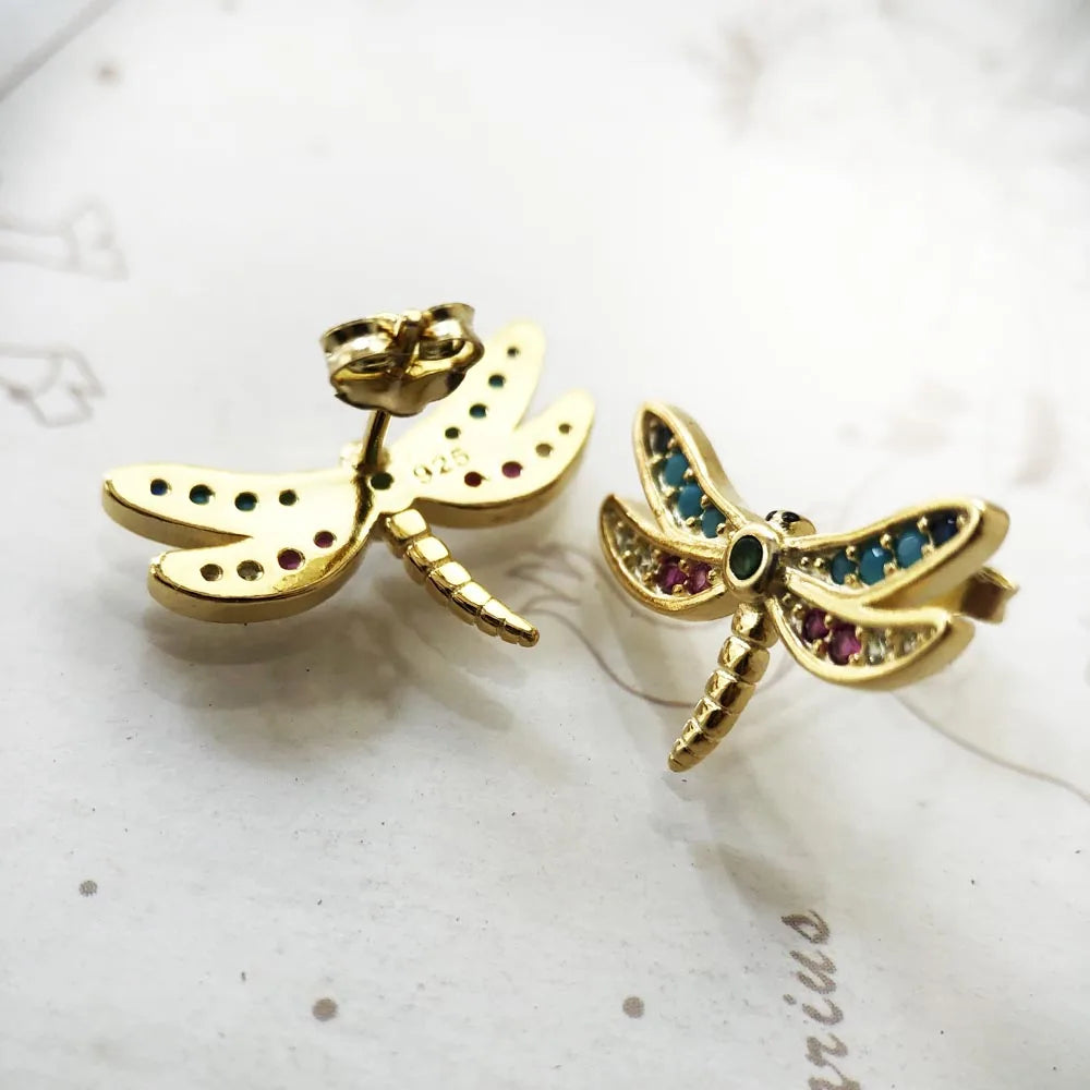 Dragonfly Golden Stud Earrings Europe Bohemia Fine Jewerly For Women Gift In Pure 925 Sterling Silver