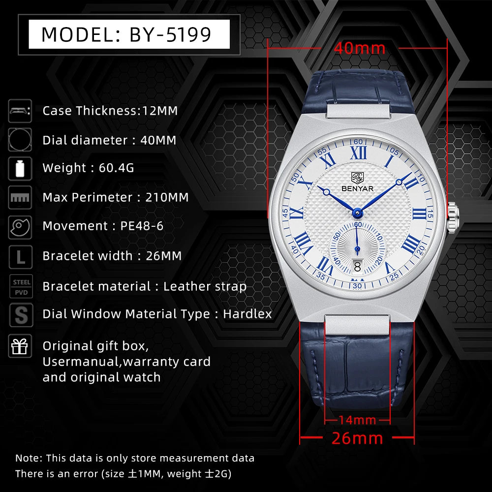 BENYAR New Business Luxury Men Quartz Watches 30M Waterproof Sports Leather Wristwatches Fashion Relogio Masculino