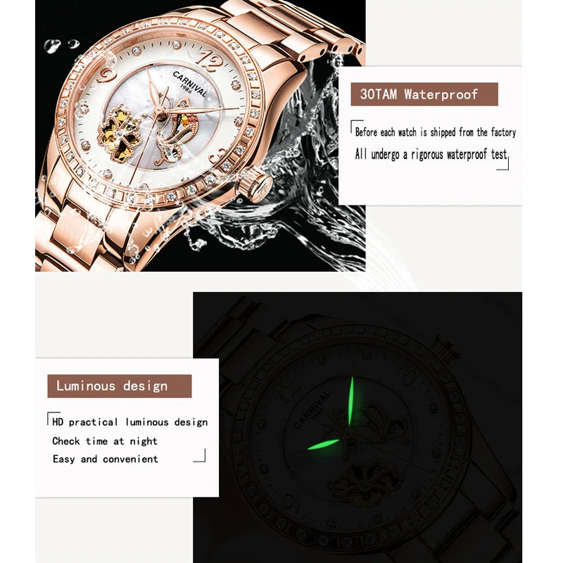 CARNIVAL Butterfly Pattern Automatic Mechanical Women Watch Luxury Waterproof  Diamond Rose Gold Watch Relogio Feminino Ladies