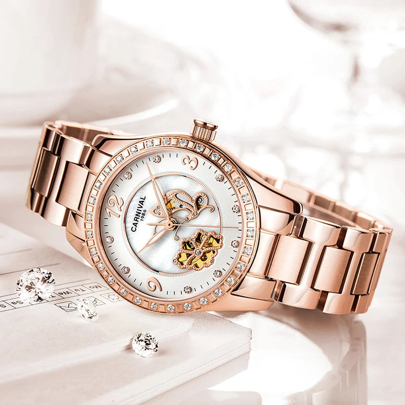 CARNIVAL Butterfly Pattern Automatic Mechanical Women Watch Luxury Waterproof  Diamond Rose Gold Watch Relogio Feminino Ladies