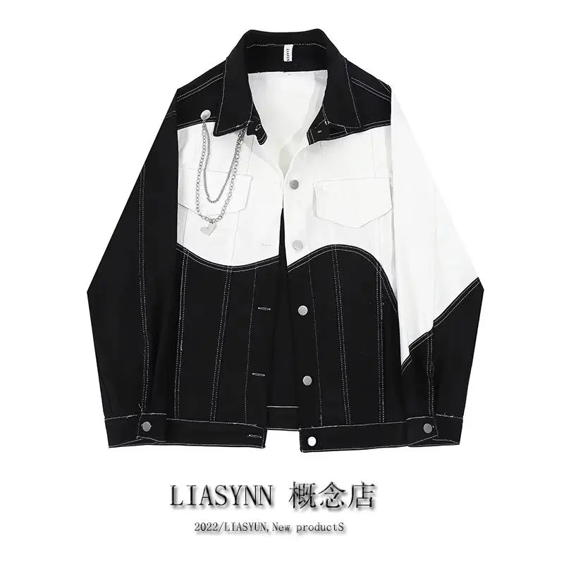 Vintage Patchwork Black White Denim Jacket Men Y2k Korean Turn-down Collar Long Sleeve Outerwear Male Streetwear Loose Jean Coat