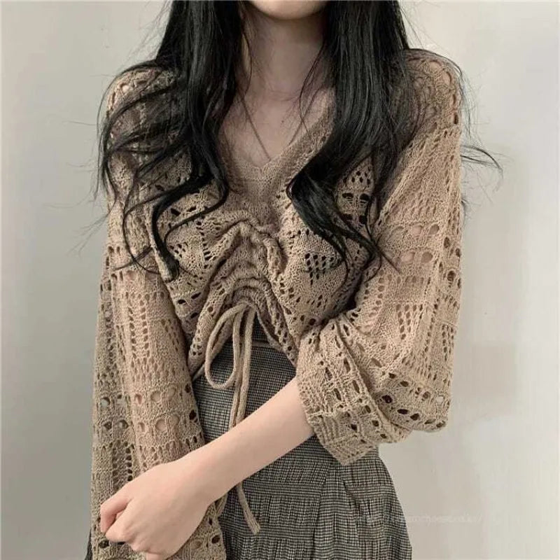 2024 Autumn Spring New French Knit cardigan Outerwear Women Vintage hollow pleats Clothing Niche Shawl Summer Skirt Top Clothes