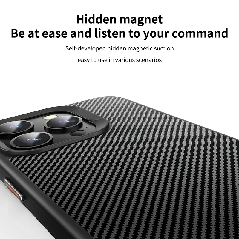 Carbon Fiber Magnetic Explosion-proof Phone Case For iPhone 12 13 14 15 Pro Max Plus Glass Lens Film Magsafe Wireless Charging