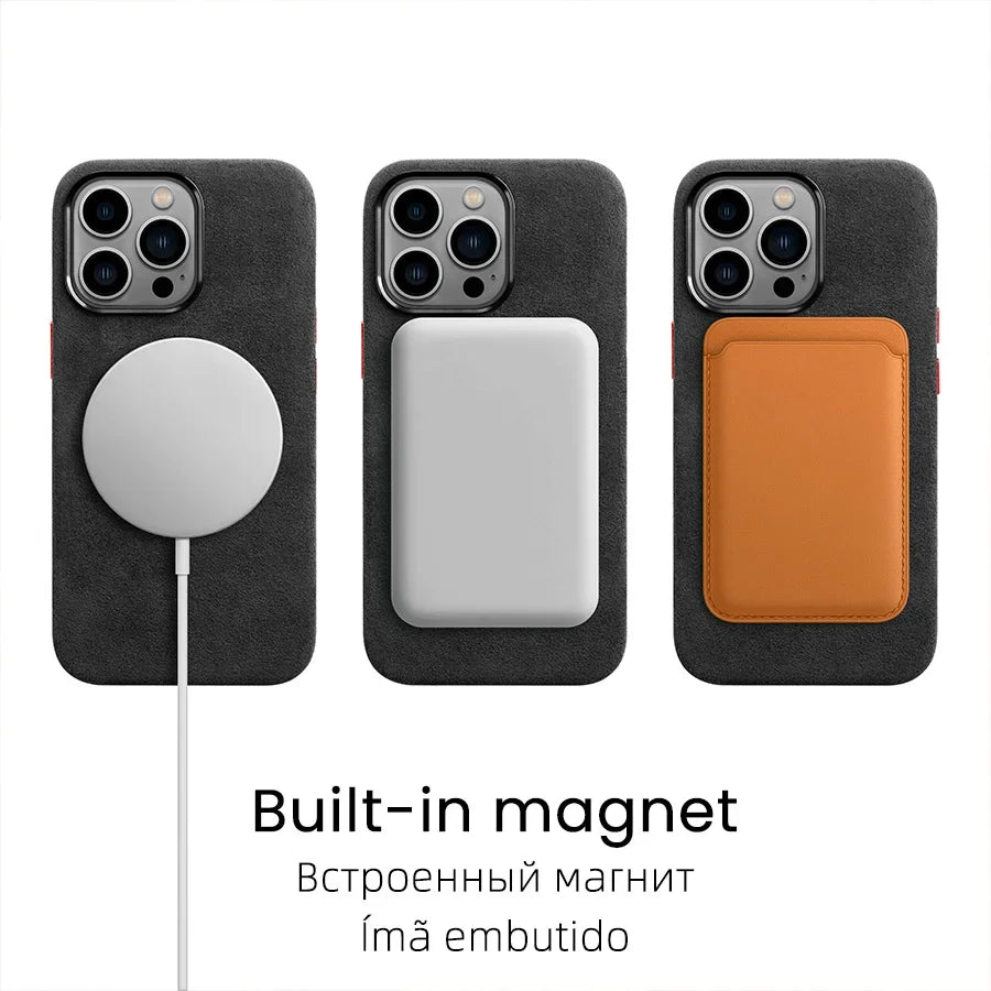 YMW Magnetic ALCANTARA Case for iPhone 15 Pro Max 14 13 12 mini Luxury Business Supercar Interior Same Suede Leather Phone Cover
