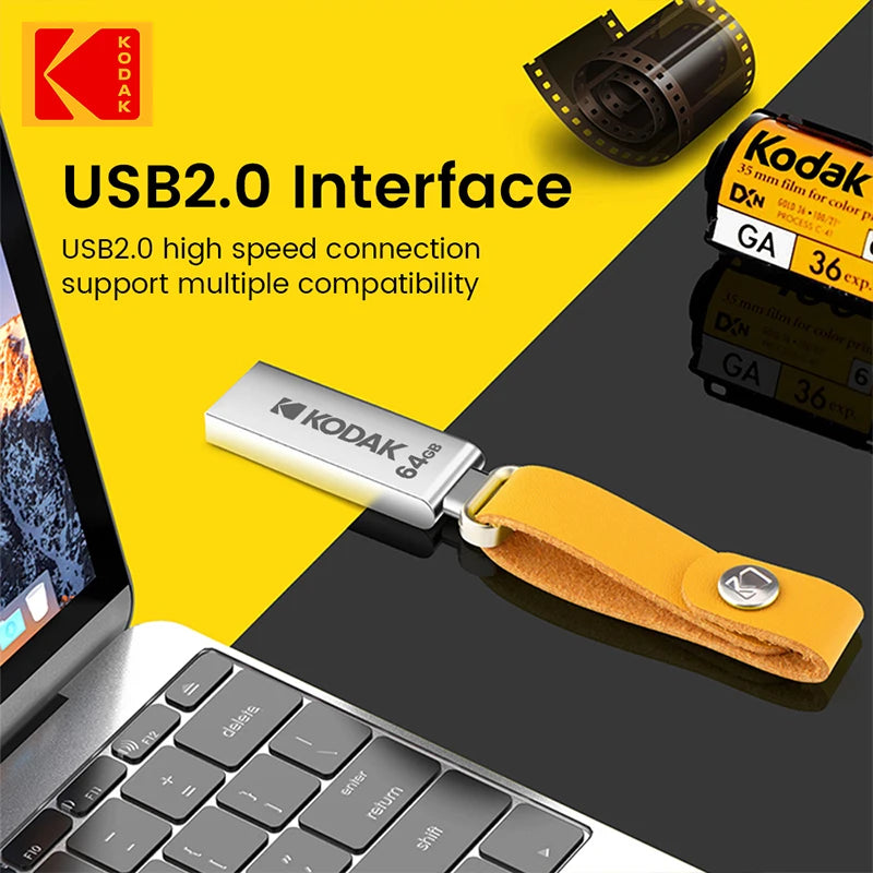 KODAK USB Flash Drives Mini Pen Drive 128GB 64GB 32GB Pendrive Waterproof USB Memory Stick Leather Landyard + type C adapter