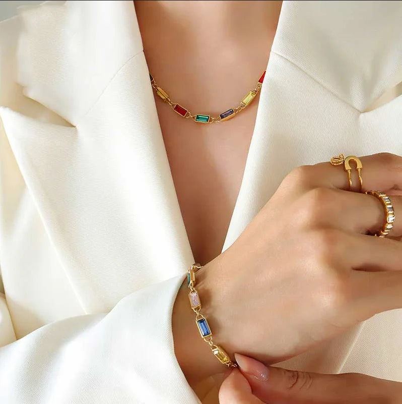 G&D Luxury Superior Sense Colorful Zircon Splicing Minority Mininmalist Retro Style Necklace/Bracelet Jewerly Set For Women