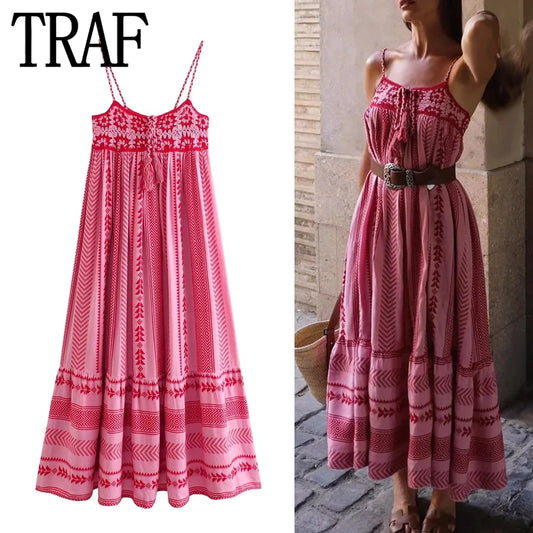 TRAF Pink Crochet Slip Dress Woman Cut Out Summer Long Dresses Women Backless Sexy Boho Dress 2023 Ruched Holiday Beach Dresses