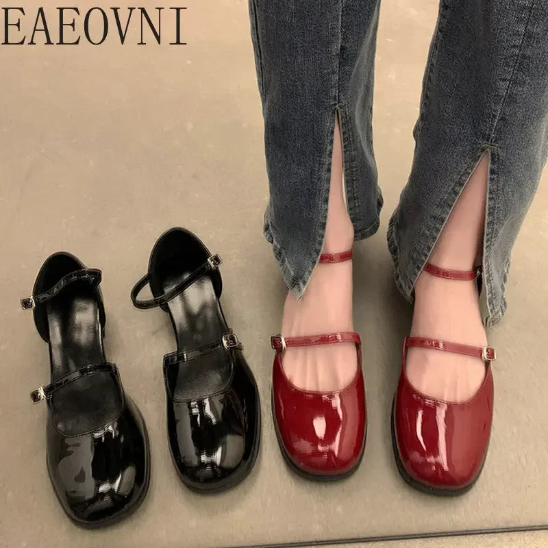 New Mary Jane Shoes Buckle Pumps Women Thick Heels Elegant Shallow Square Toe Footwear Party Office Lady Leather Shoes